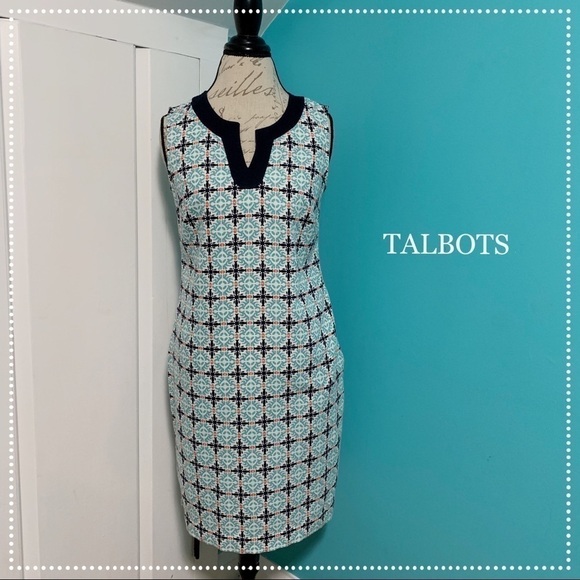 TALBOTS Mandolin Navy, Teal, Coral, Sheath Dress - Picture 1 of 7
